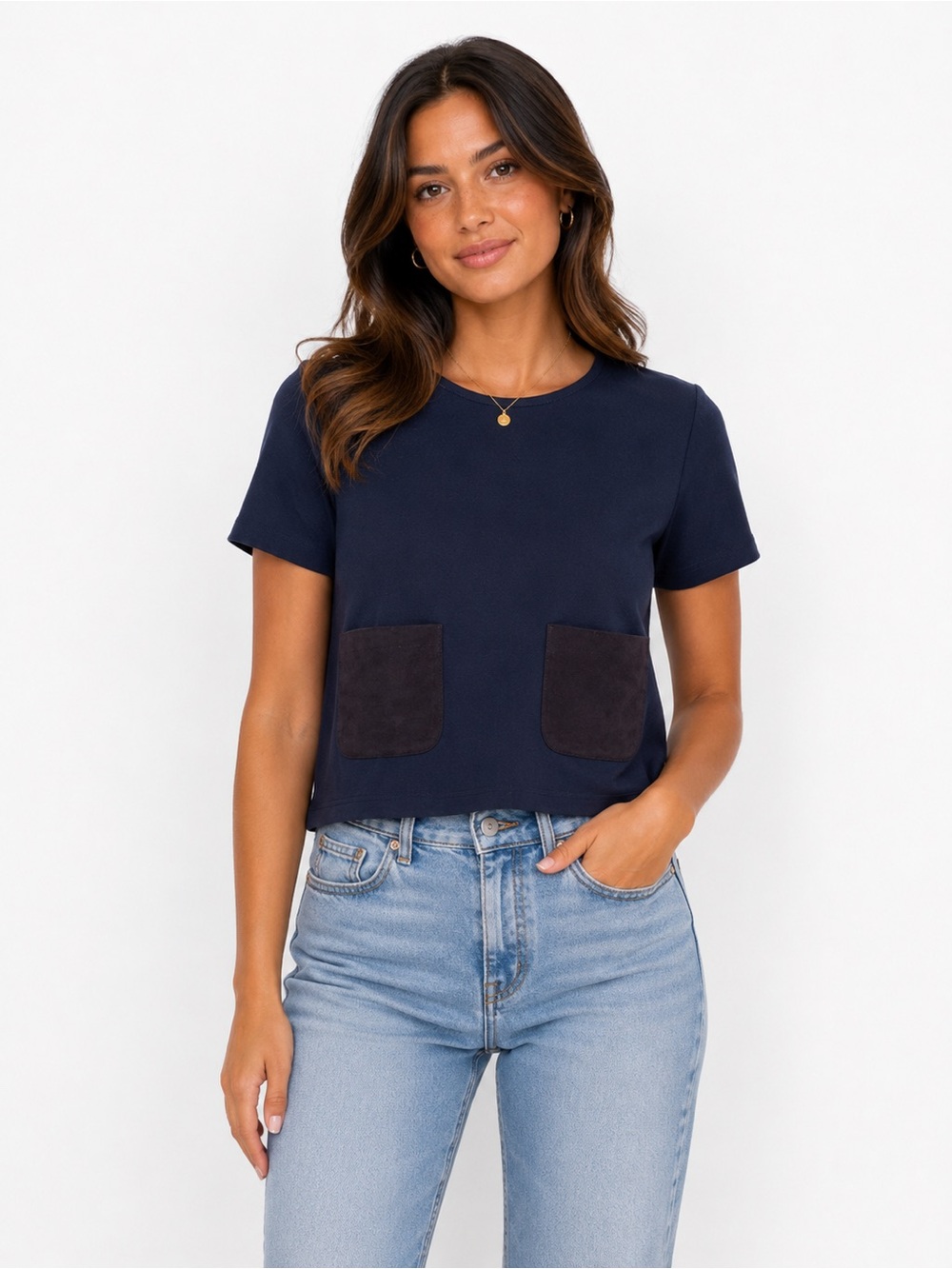 June navy blue short-sleeve crewneck top faux suede square front pockets, Size M